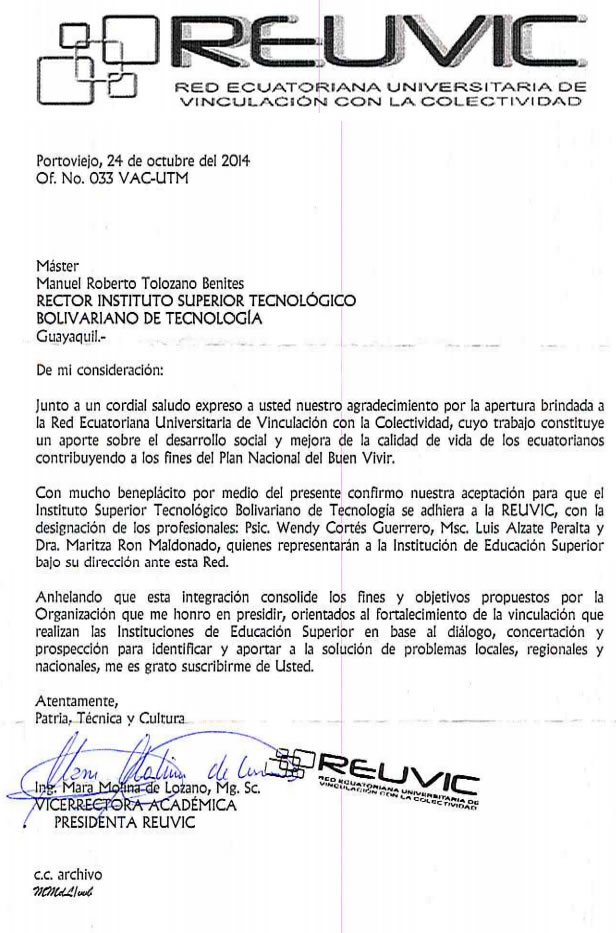 El ITB MIEMBRO DE LA RED ECUATORIANA UNIVERSITARIA DE VINCULACIÓN CON LA COMUNIDAD - REUVIC