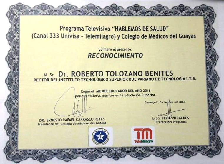 Reconocimiento que recibió nuestro rector el PhD. Roberto Tolozano Benites