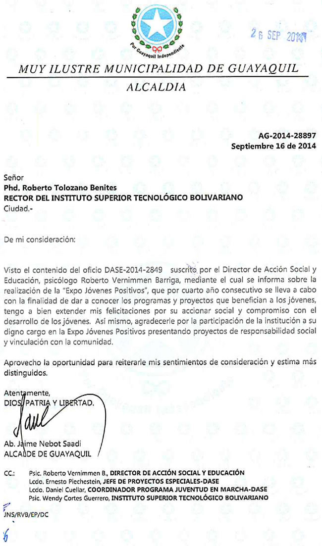 ALCALDE DE GUAYAQUIL, ABG. JAIME NEBOT SAADI, FELICITA Y AGRADECE AL ITB POR PARTICIPACIÓN EN, JÓVENES POSITIVOS 4