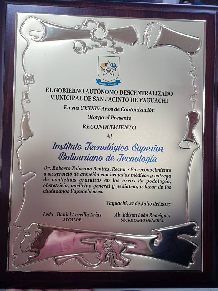 El GAD Municipal de San Jacinto de Yaguachi entregó reconocimiento a ITB