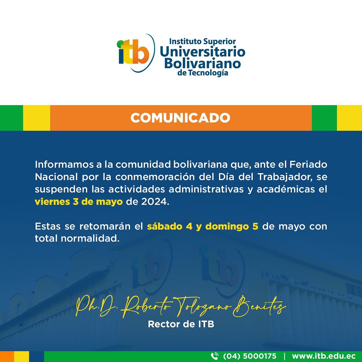 Informamos a la familia bolivariana la siguiente disposición ante el Feriado Nacional.