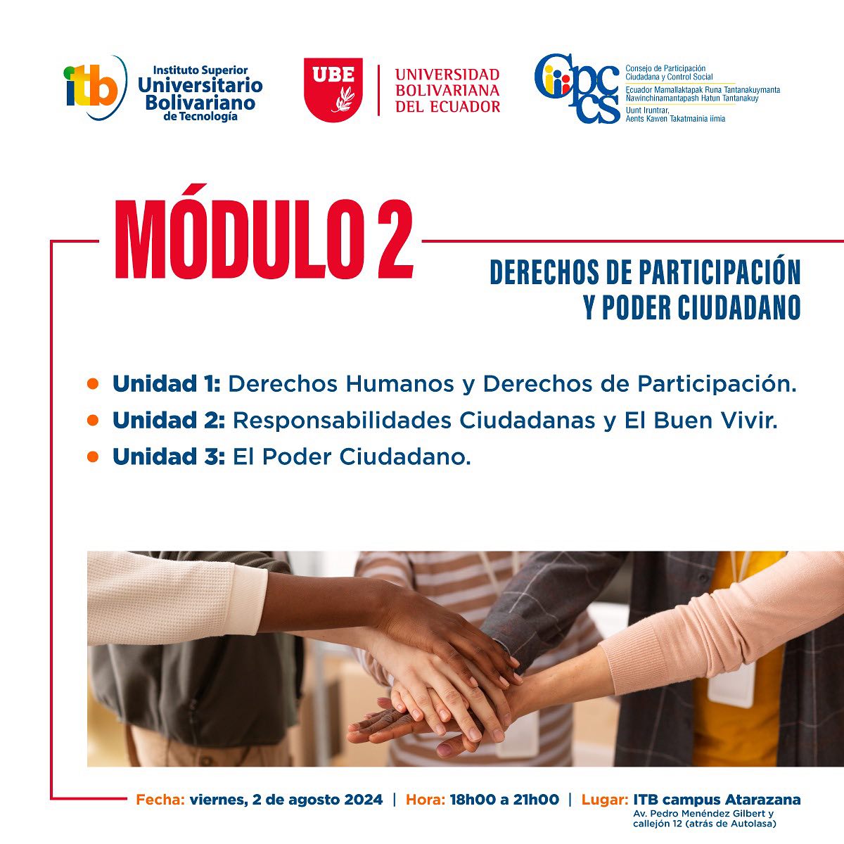 ¡Estudiantes de ITB y UBE! Únete a nosotros en la ESCUELA DE LIDERAZGO CIUDADANO y explora los diferentes módulos para entender cómo funciona el CPCCS