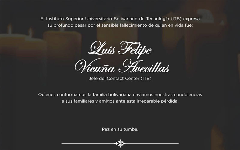 La Familia Bolivariana expresa sus condolencias ante la partida de quien en vida fue Luis Felipe Vicuña Avecillas