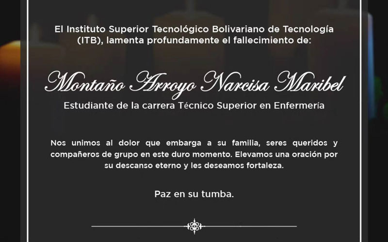 El ITB lamenta profundamente el fallecimiento de Montaño Arroyo Narcisa Maribel, 