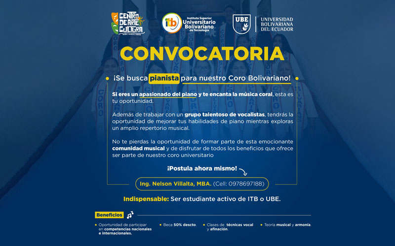 Nos complace anunciar que el prestigioso Coro Bolivariano está en busca de un pianista excepcional para unirse a nuestro talentoso conjunto vocal