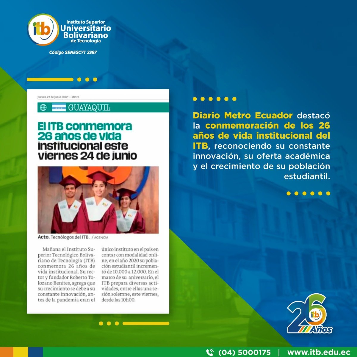 Compartimos con ustedes la nota que realizó el diario Metro, en la que se refirió al Aniversario 26 del Instituto Superior Universitario Bolivariano