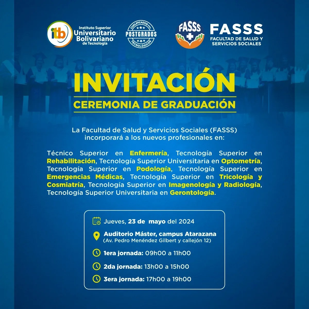 A los estudiantes de las carreras mencionadas recuerda estar puntual en las sesiones de fotos